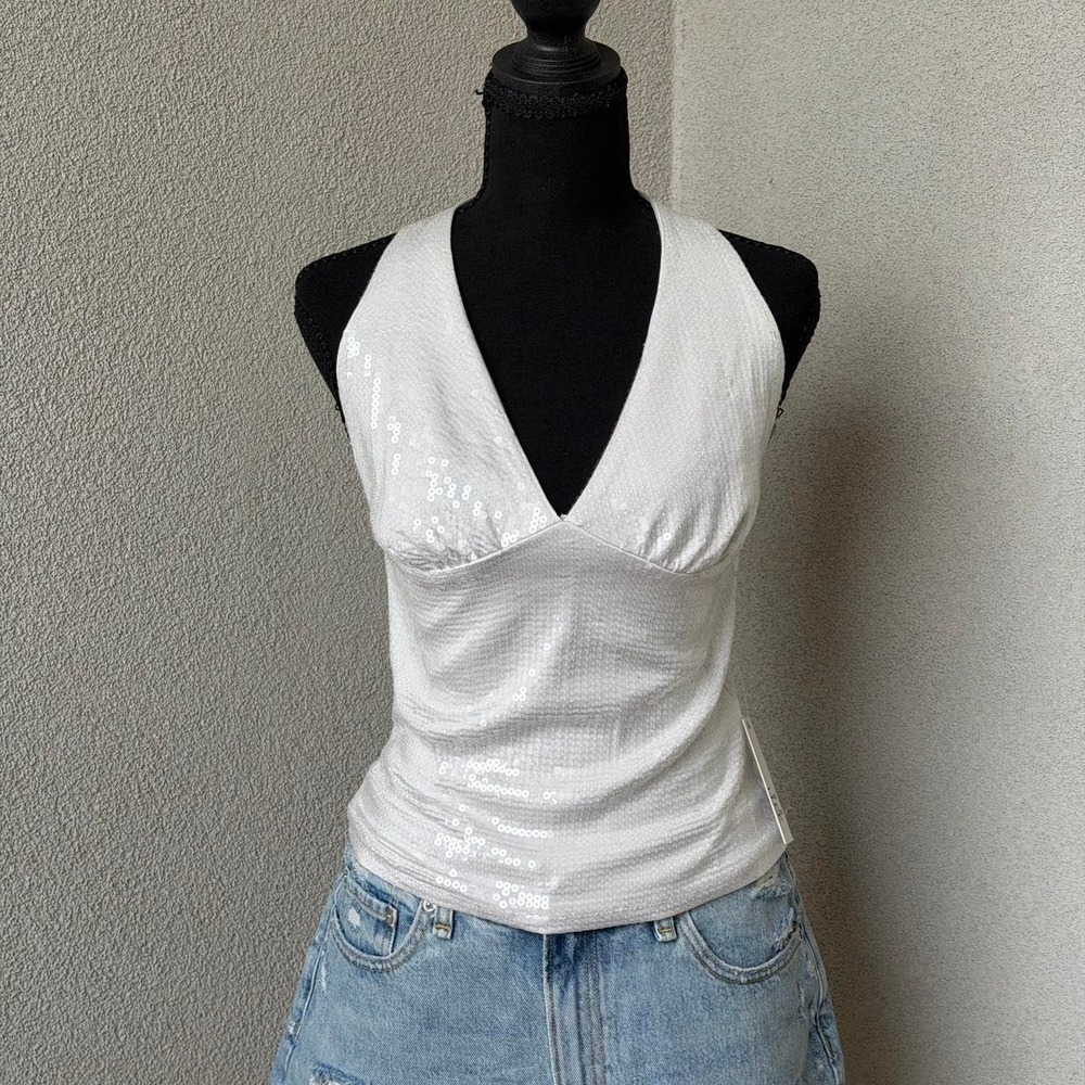 Faded Rose White/Light Grey sequin halter top NWT Size M